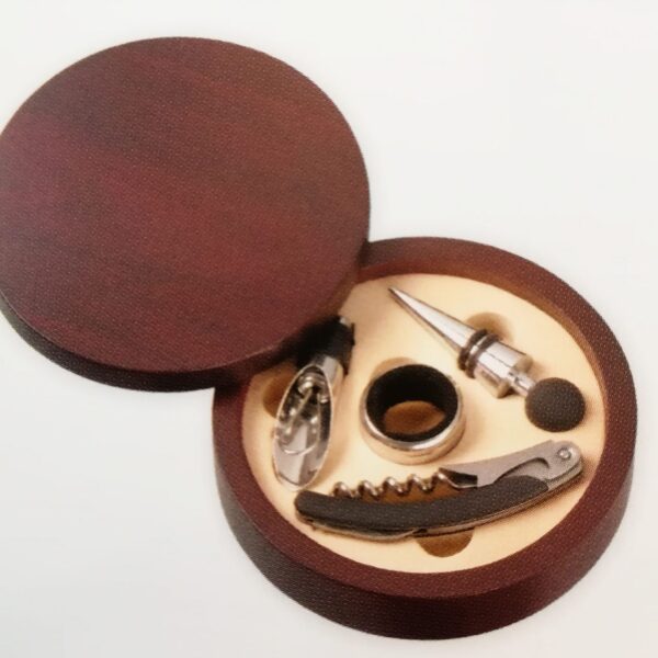 set vino legno cilindrico cavatappi e tappo stopper